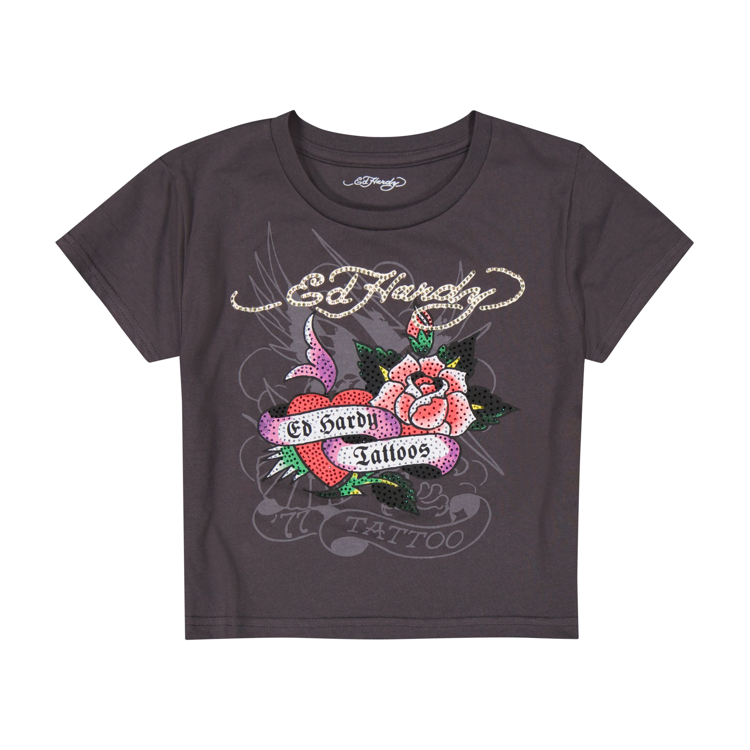 Rose Heart Baby Tee - Charcoal